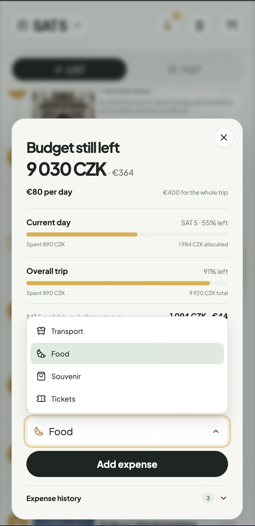 Travel itinerary app budget category picker