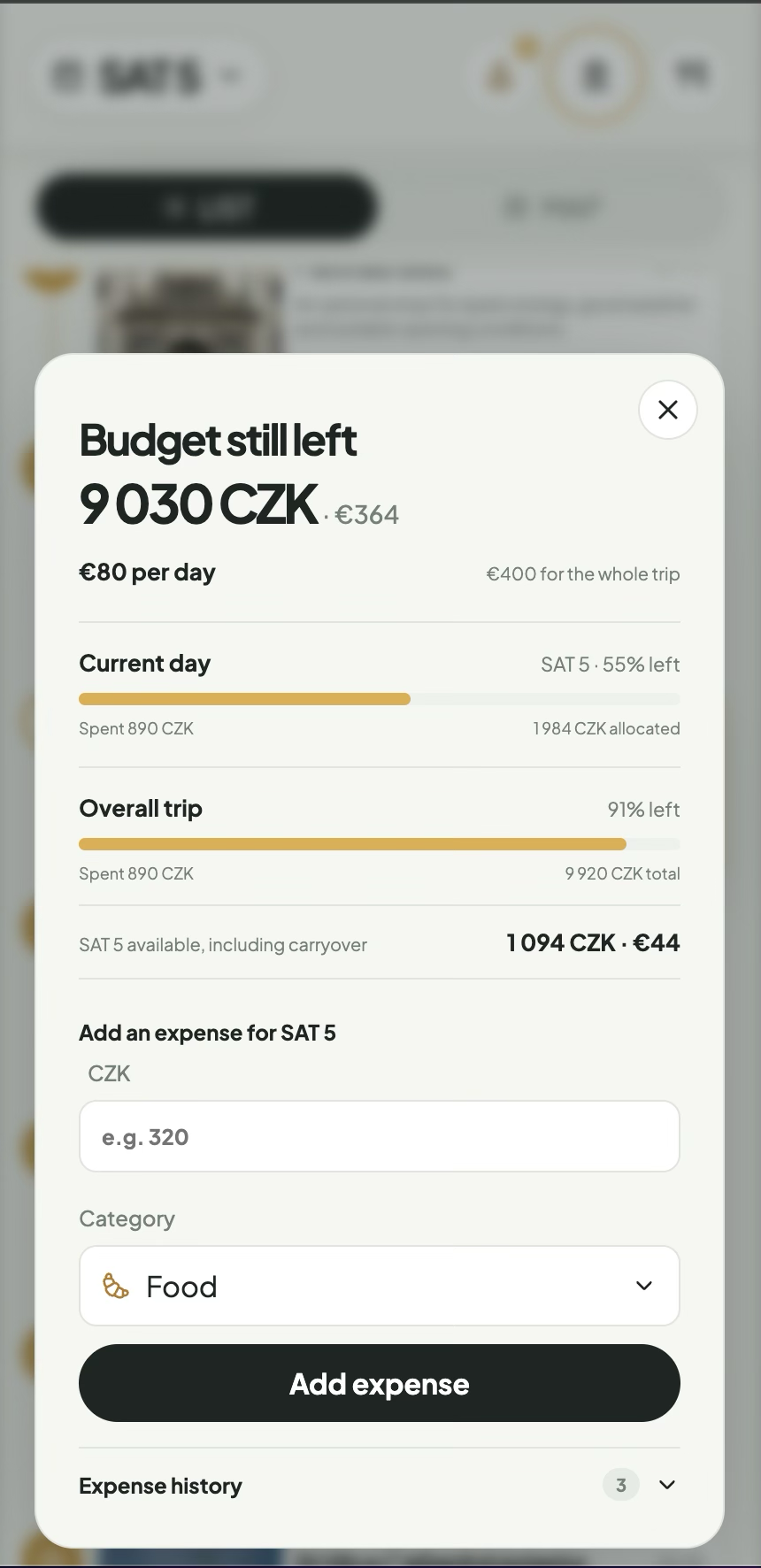 Travel itinerary app budget overview showing daily and whole-trip budget