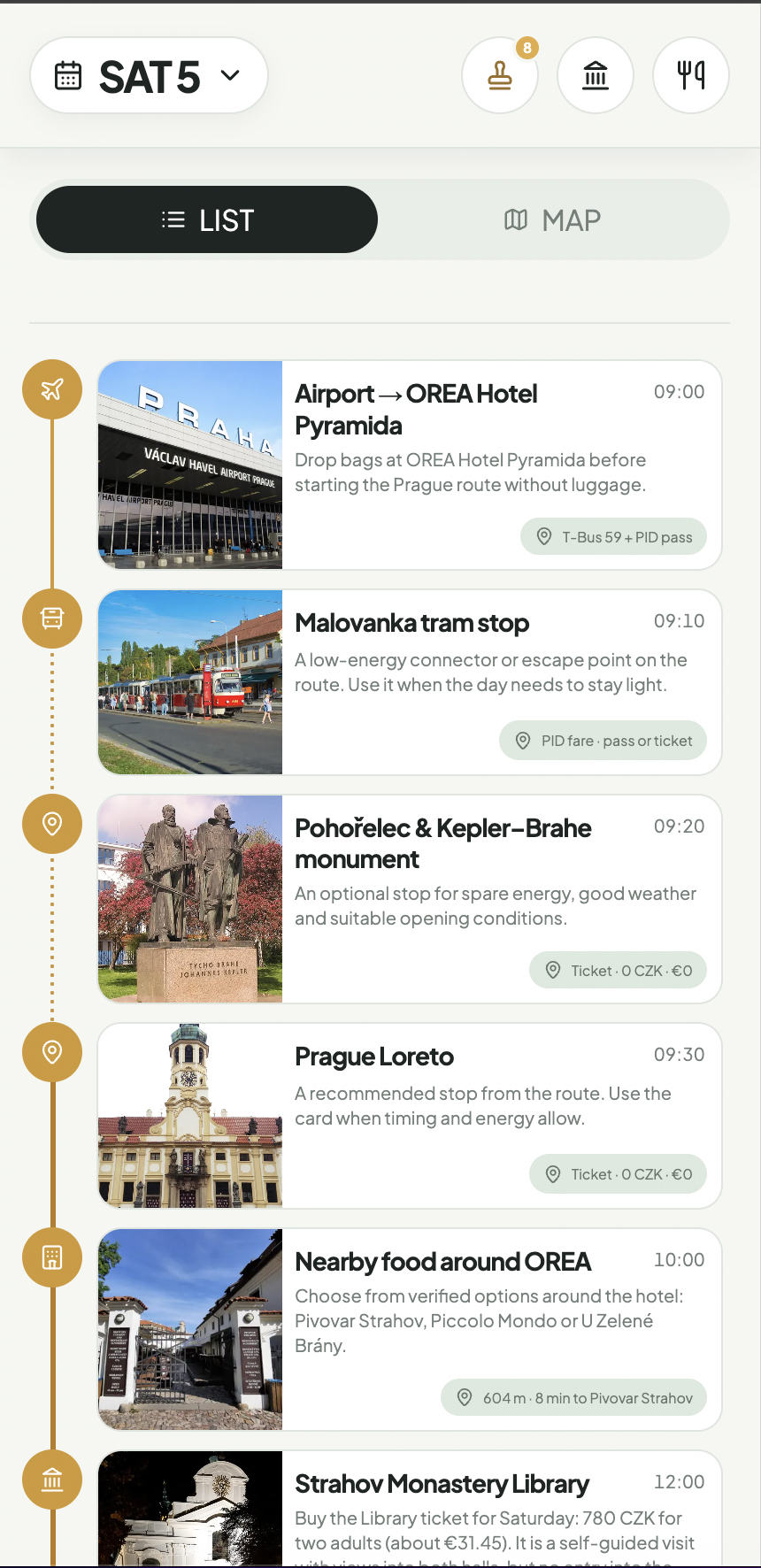 Prague itinerary app list view showing timed stops and optional route markers