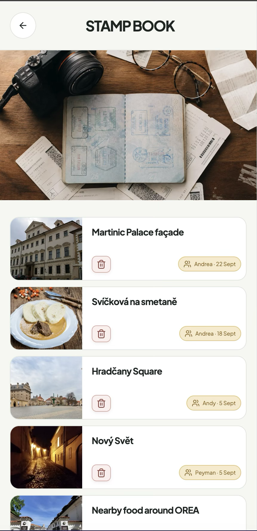 Travel itinerary app stamp book showing collected places and food