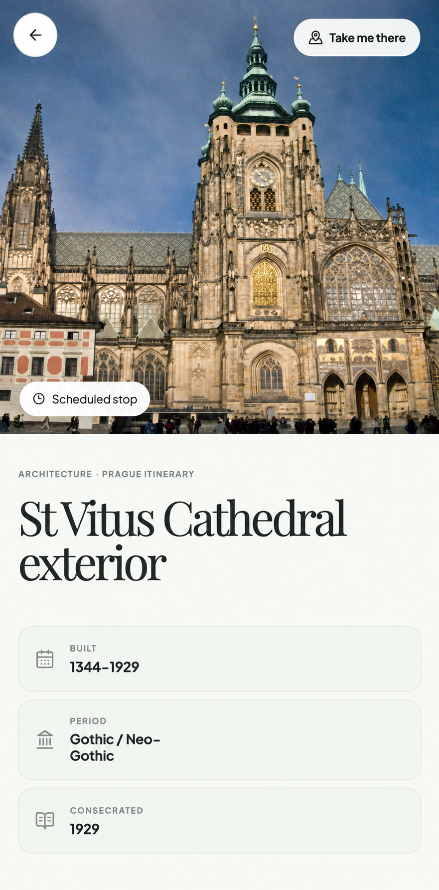 St Vitus Cathedral detail screen showing the route context and visit information