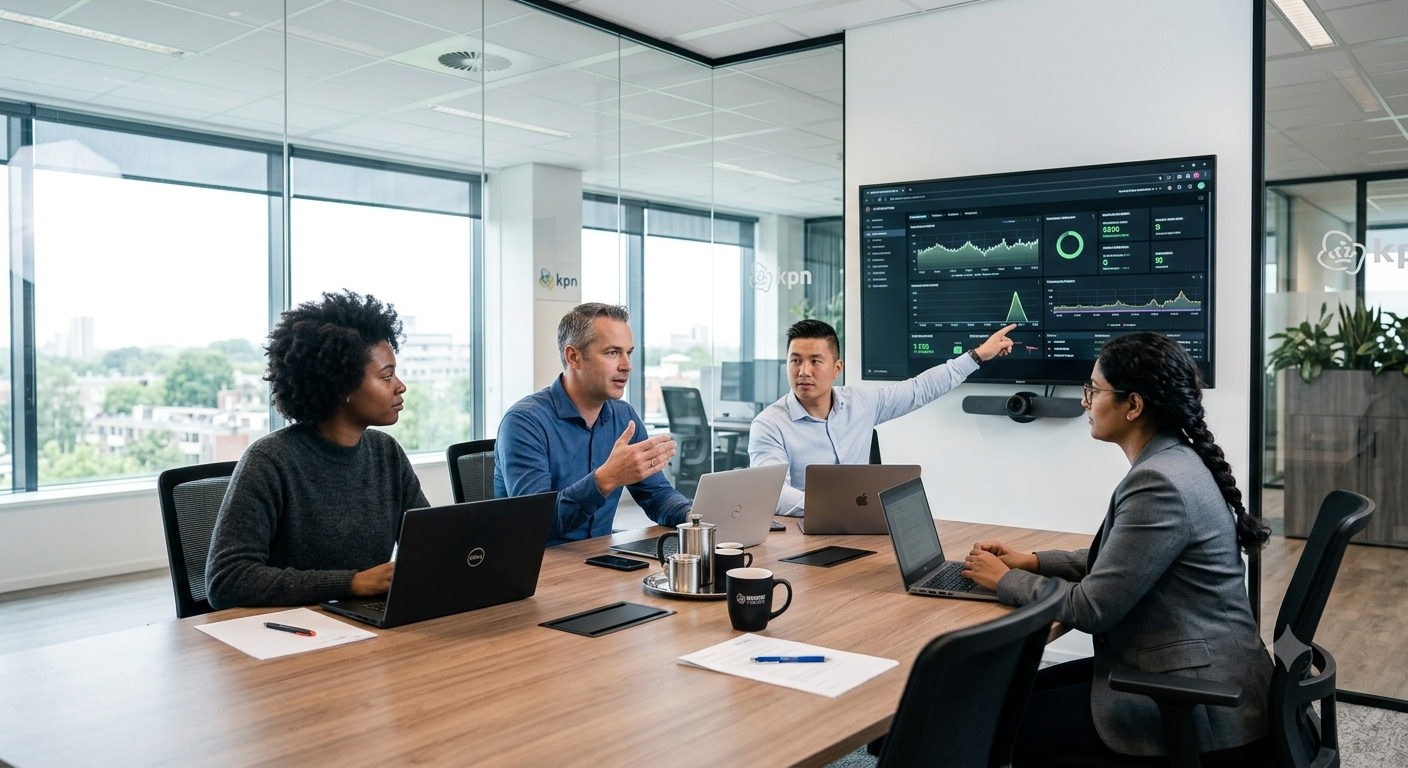 A generated team gathered around a wall-mounted dashboard