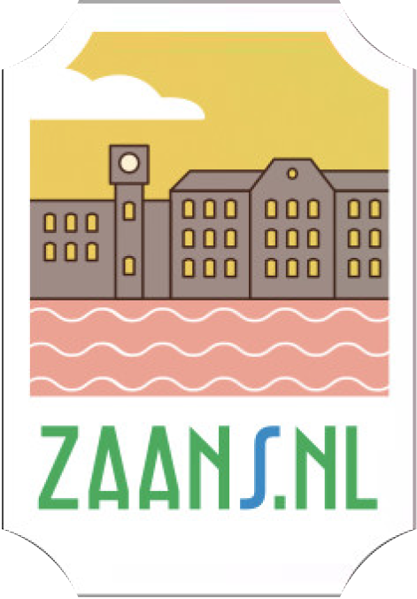 Zaans.nl label illustration of an industrial warehouse beside pink wavy water
