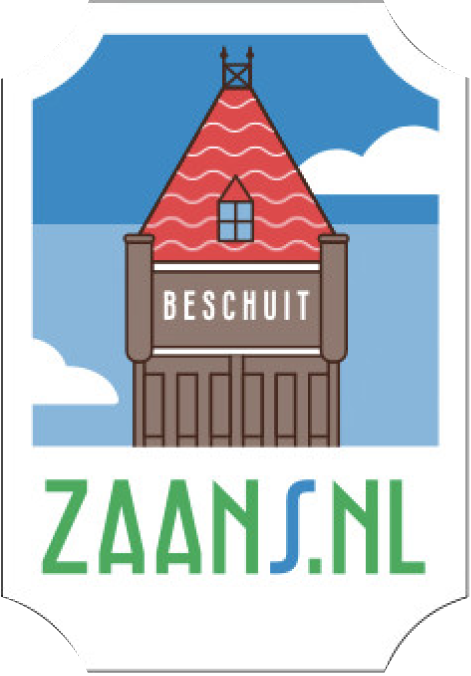 Zaans.nl label illustration of a red-roofed beschuit (rusk) warehouse tower by the water