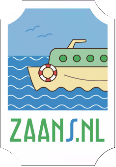 Zaans.nl label illustration of a green sightseeing boat with a life ring
