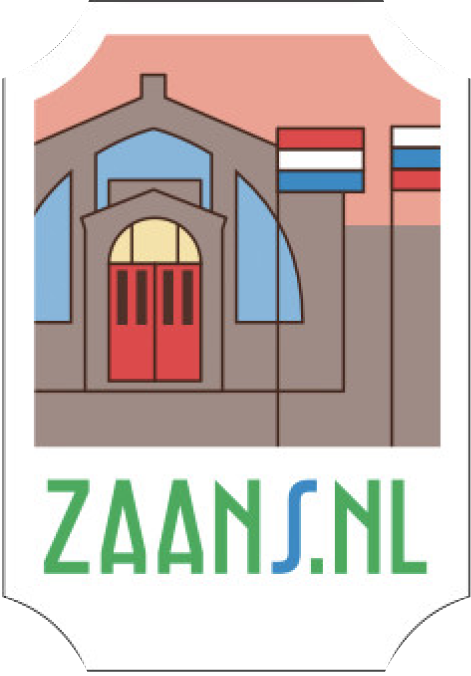 Zaans.nl label illustration of a historic building facade with Dutch flags