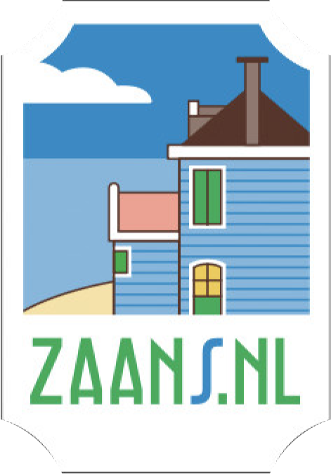 Zaans.nl label illustration of blue Zaanse houses along the water