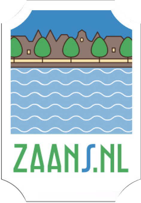 Zaans.nl label illustration of houses and trees lining a rippling river